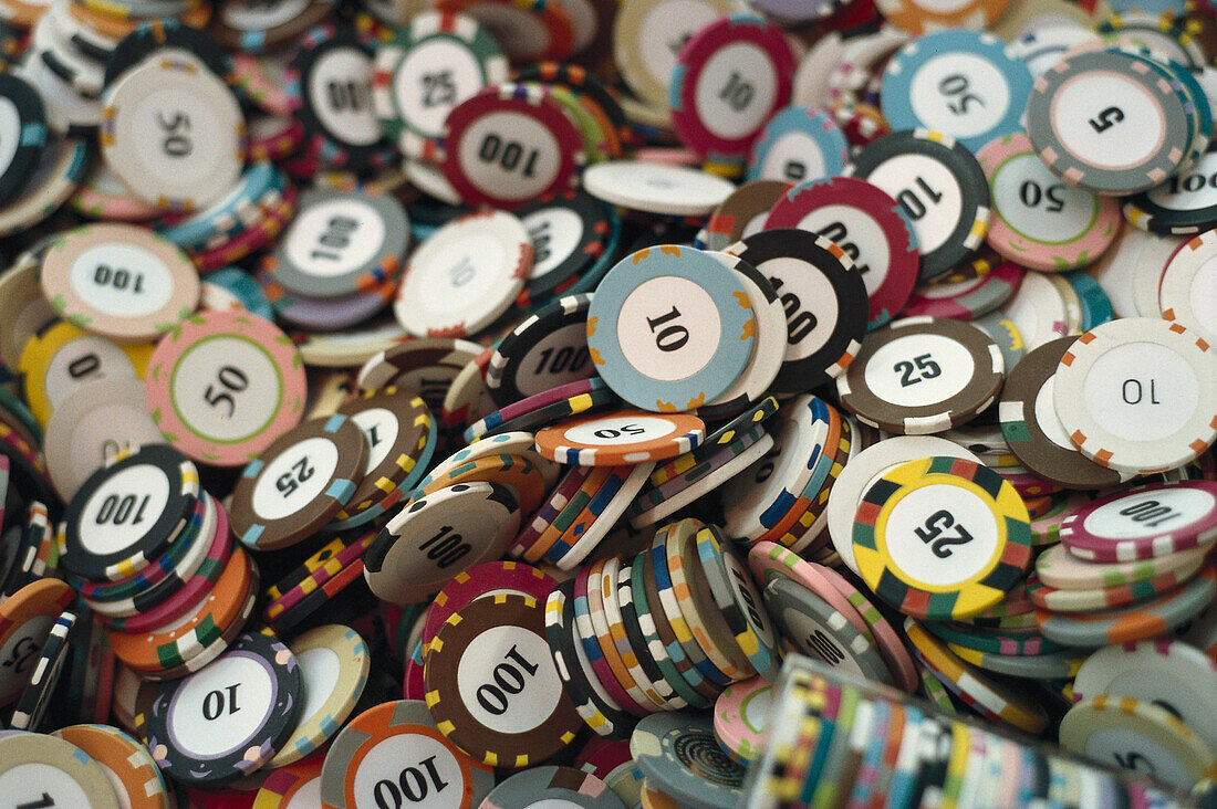 Close up of gambling chips, Las Vegas, Nevada, USA, America