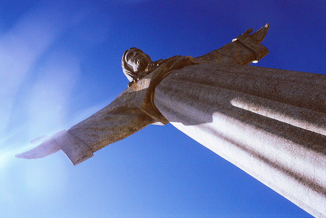 The sanctuary of Christ the King from below, Christo Rei, Lisbon, Portugal