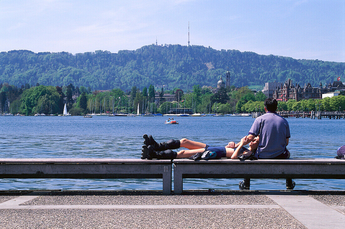 Inline skater relaxing at Zurich Lake, Zuerich, Switzerland