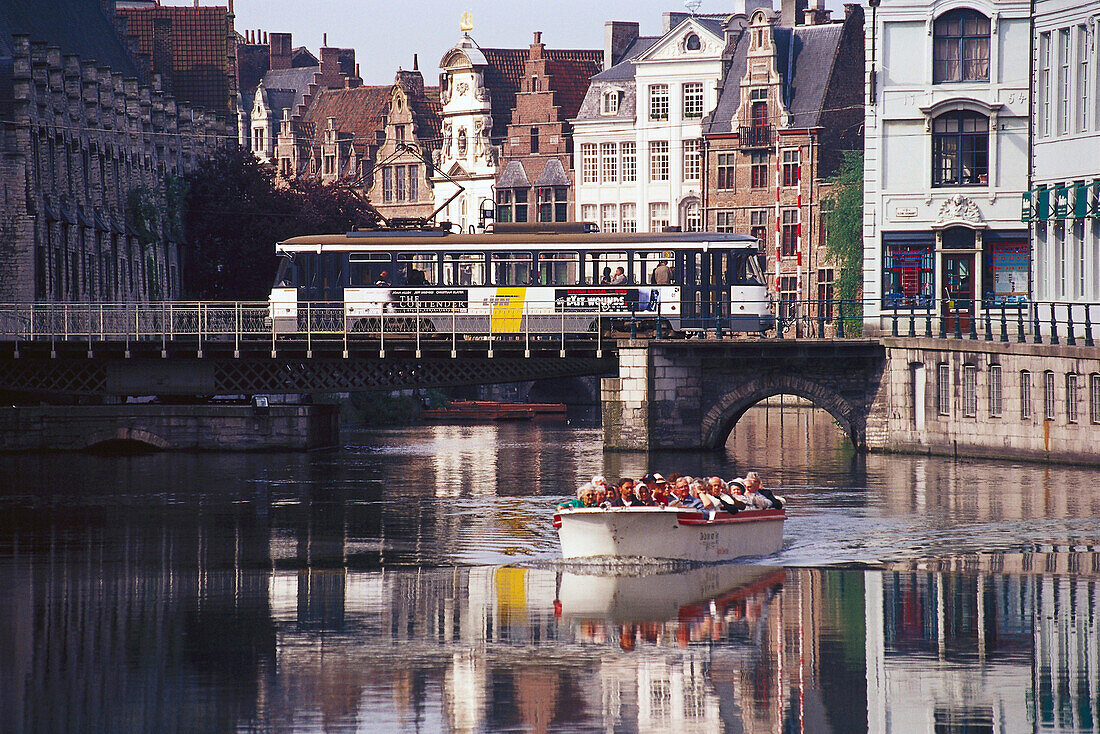 Canalboats and trams, Ghent Belgium