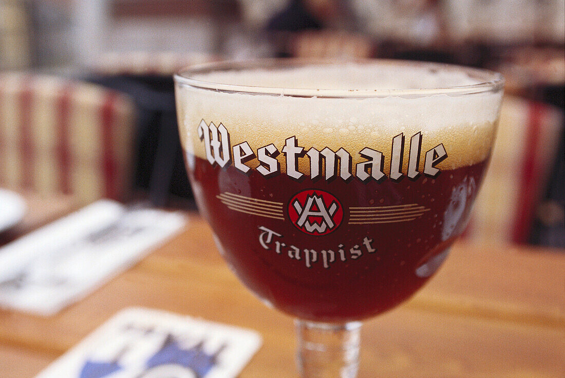 Beer glass with Trappist beer, Bruges, West Flanders, Belgium