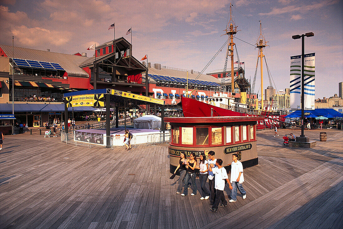 People at South Street Seaport in the evening, Manhattan, New York, USA, America