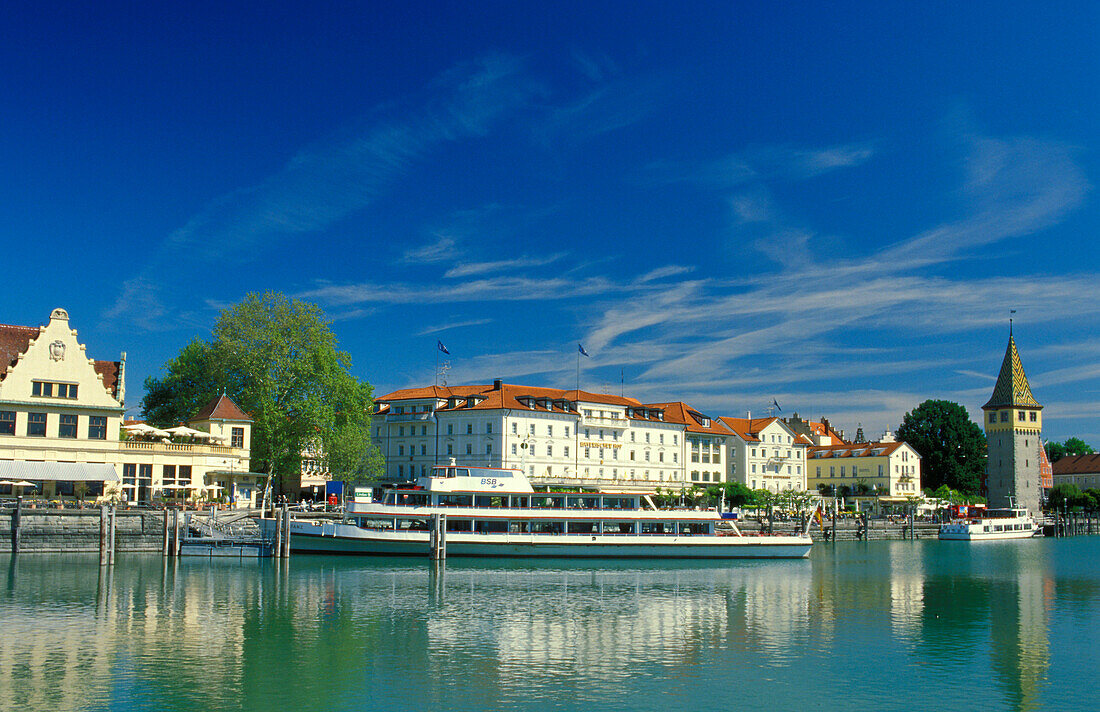 Ferry in picturesque habour, Lake of Constance, Bavaria Germany