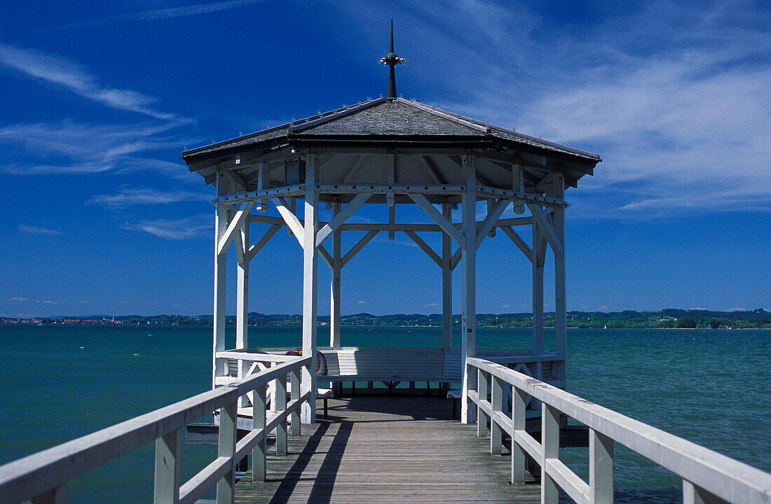 Jetty and pavilion under blue sky, Lake Constance, Bregenz, Austria, Europe