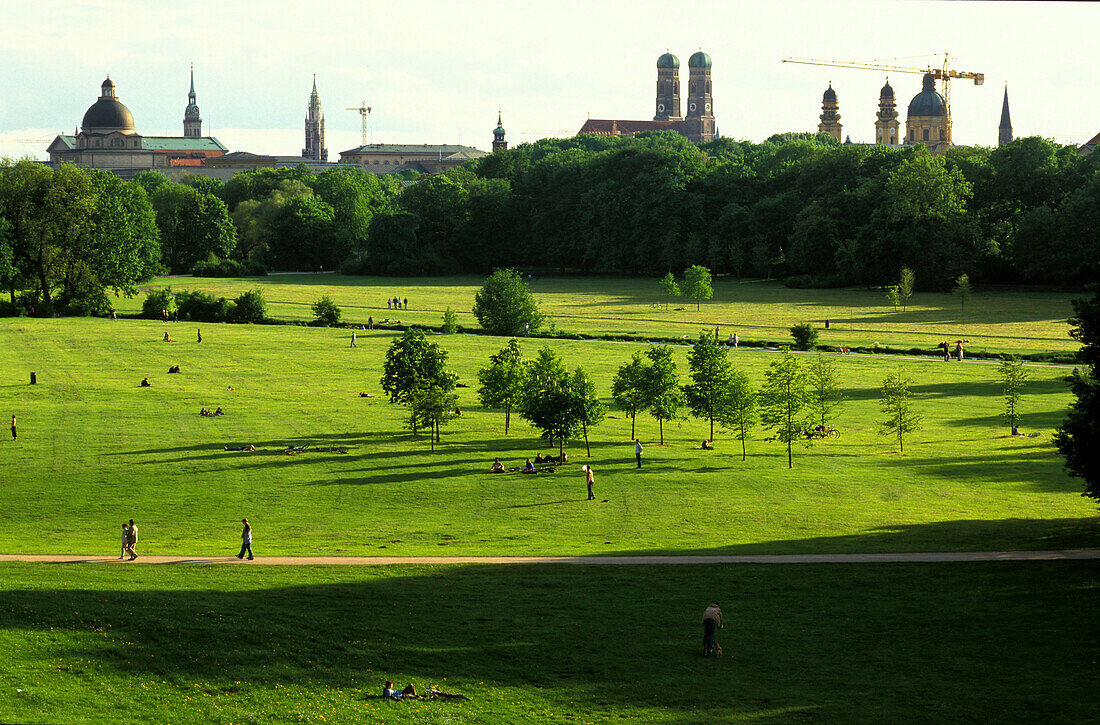 View over English Garden to spires of Munich, Bavaria, Germany