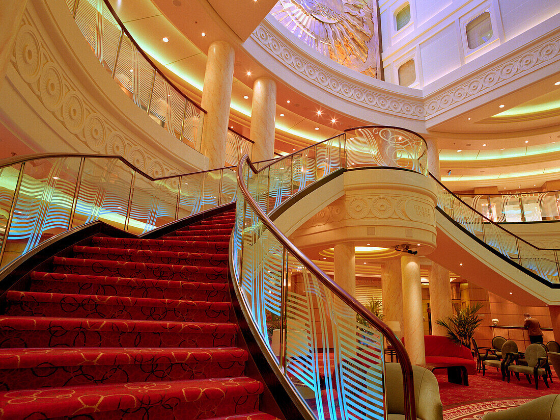 Staircase to grand lobby on deck 3, Queen Mary 2