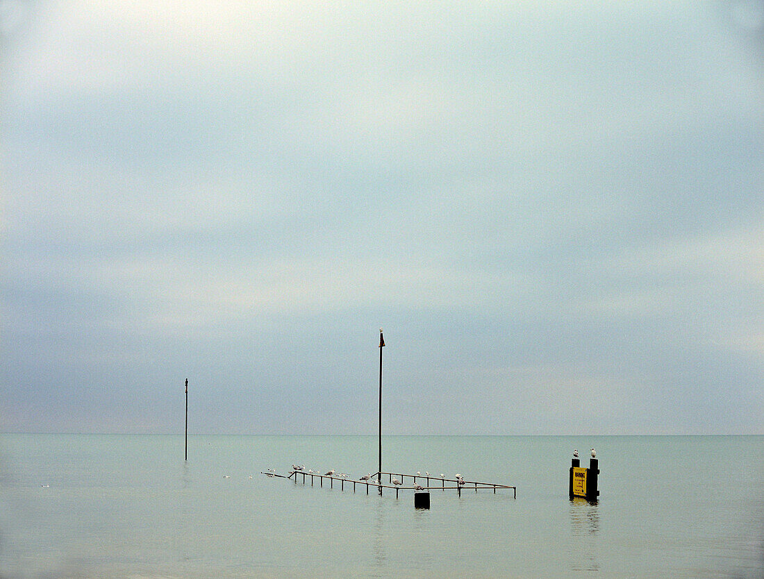 Inundated footbridge and seagulls, Dymchurch, England