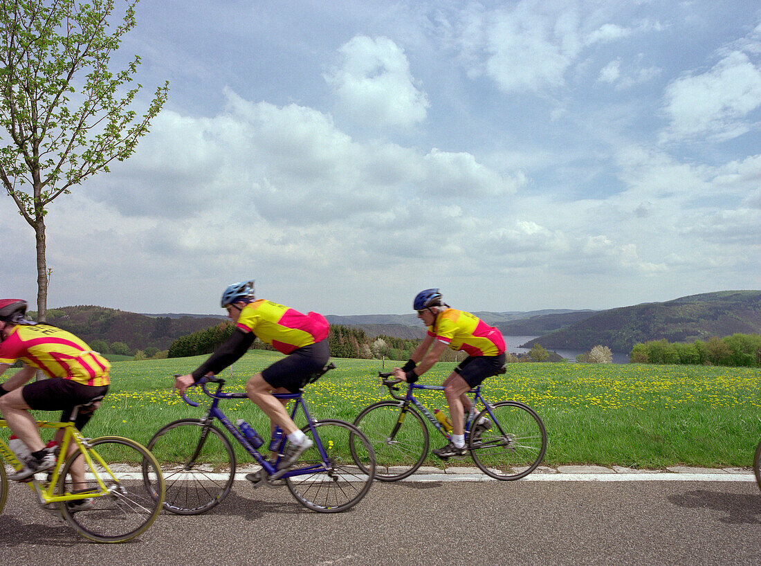 Group of cyclist, Rurtalspeere, near Steckenborn, Eifel, Germany