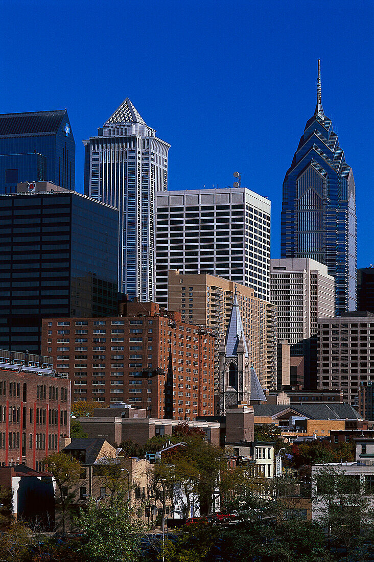 High rise buildings downtown under blue sky, Philadelphia, Pennsylvania, USA, America