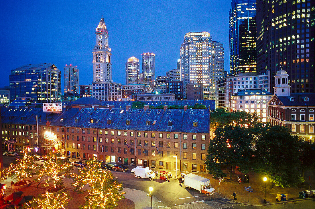 Illuminated skyline in the evening, Financial District, Quincy Market, Boston, Massachusetts USA, America