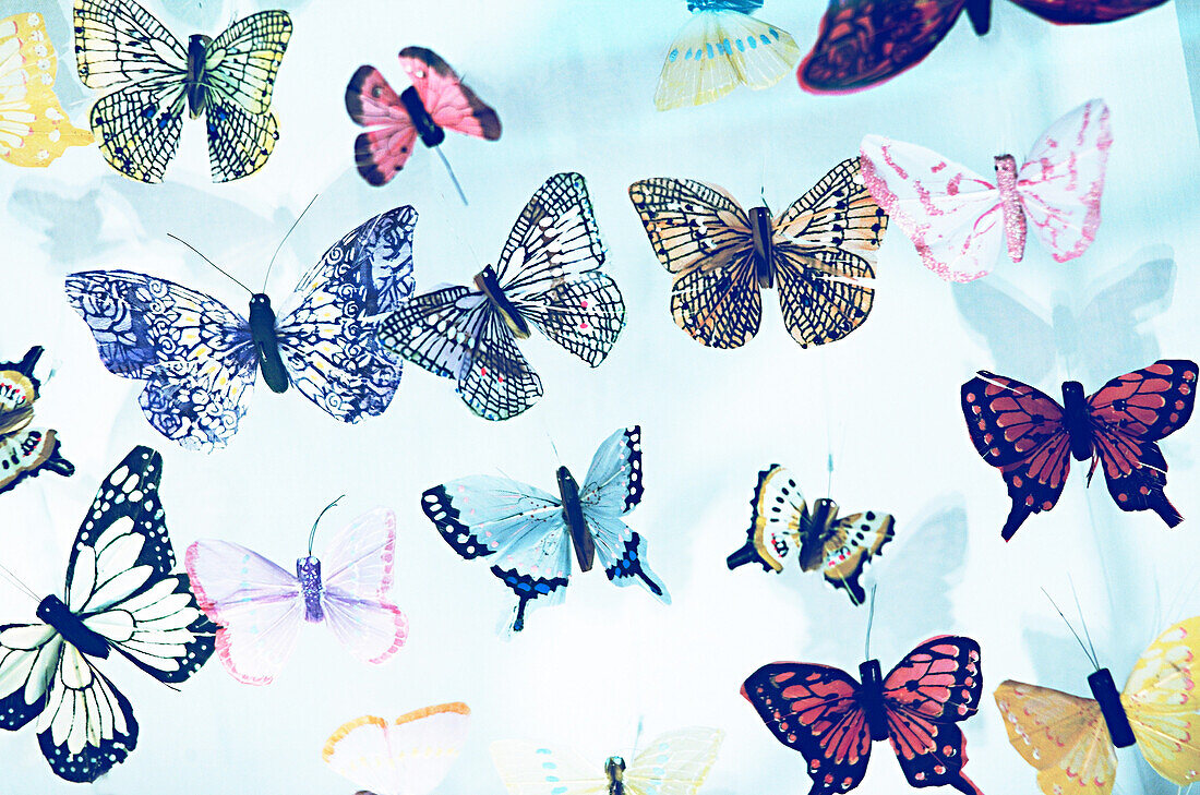 View on the several colorful butterflies made of paper from below