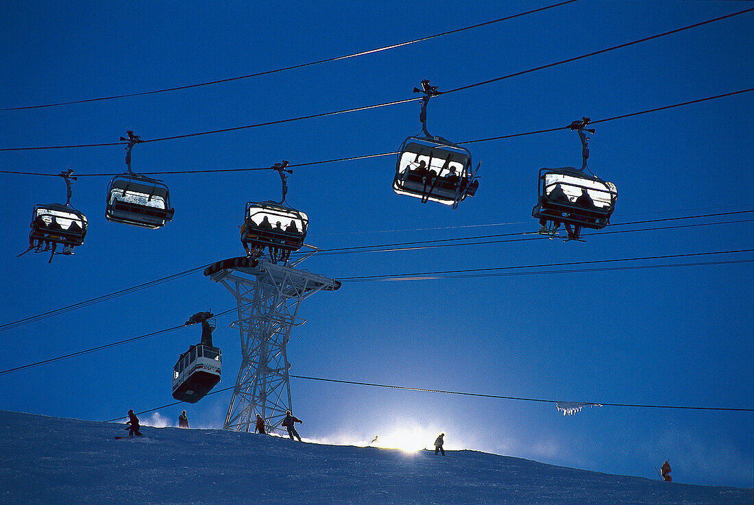 Ski lift and chair lift in the skiing area of Tignes, Winter sports, Savoie, France