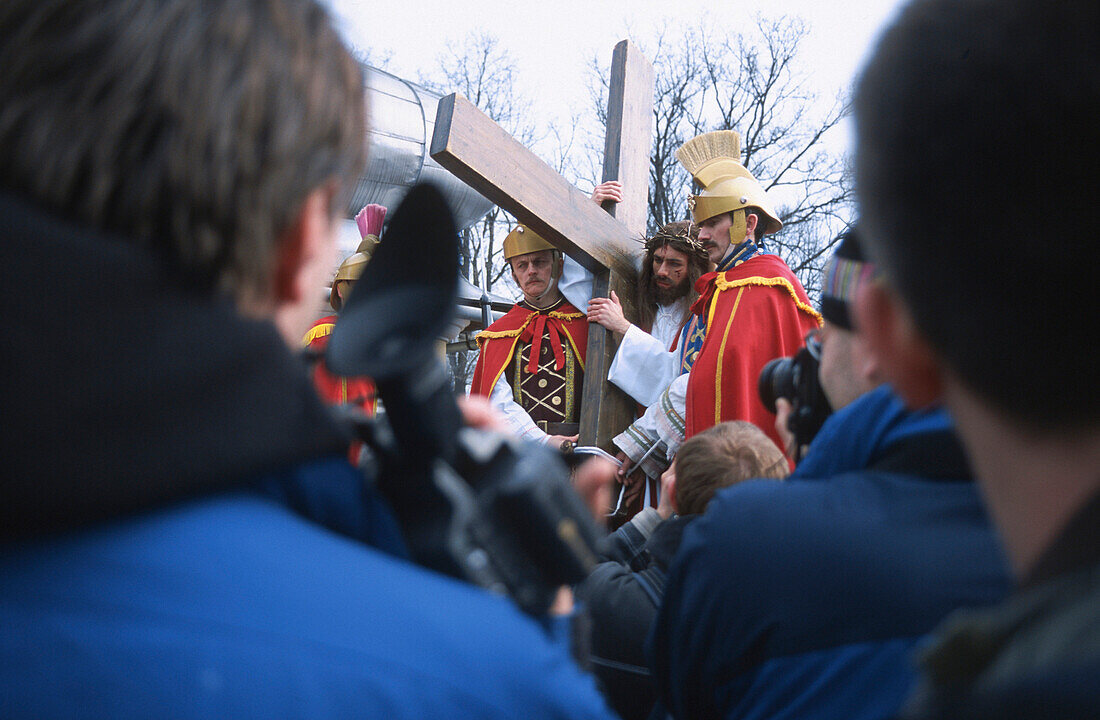 Jesus Christ played by a priest carrying the Cross, The Mystery of the passion of Christ Kalwaria Zebrzydowska, Cracow, Poland