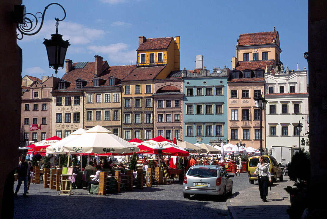 Parasols of cafe in the middle of the Old Market, Warsaw Poland