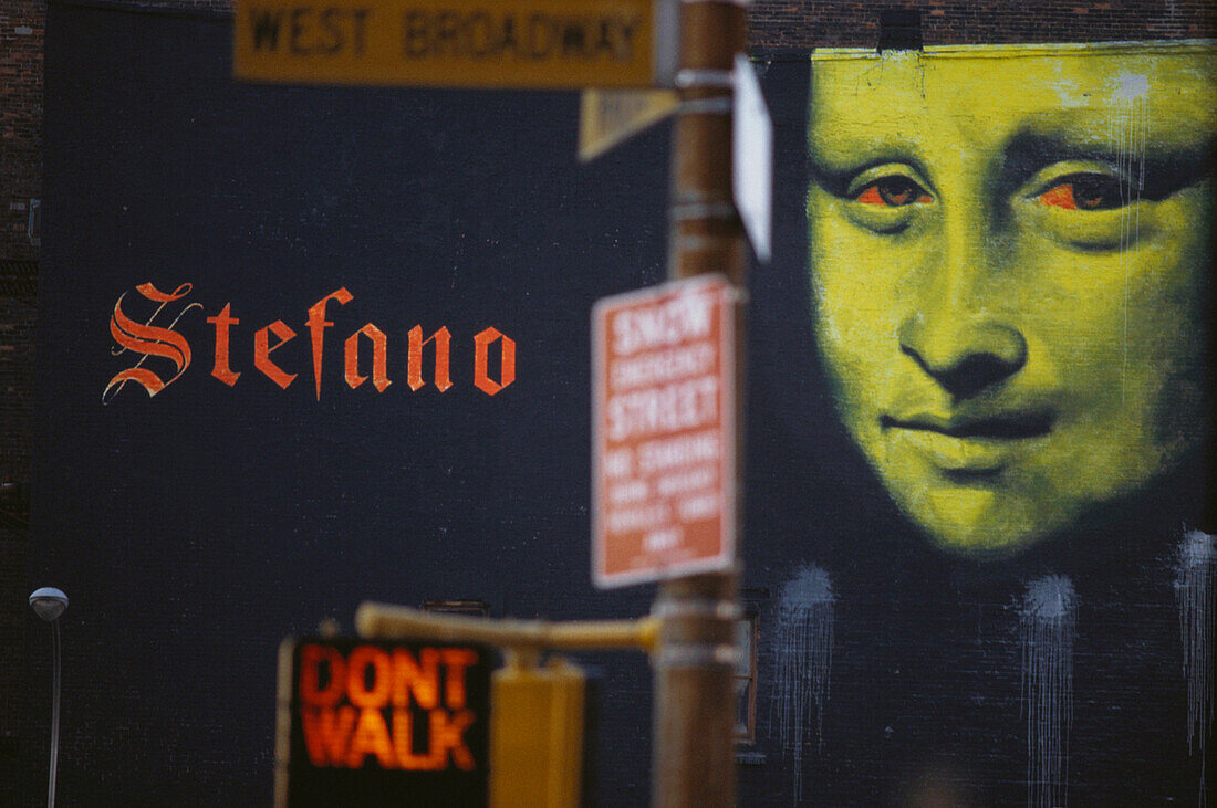 Traffic light showing Don't Walk, Mona Lisa in the background, Manhattan, New York City, USA