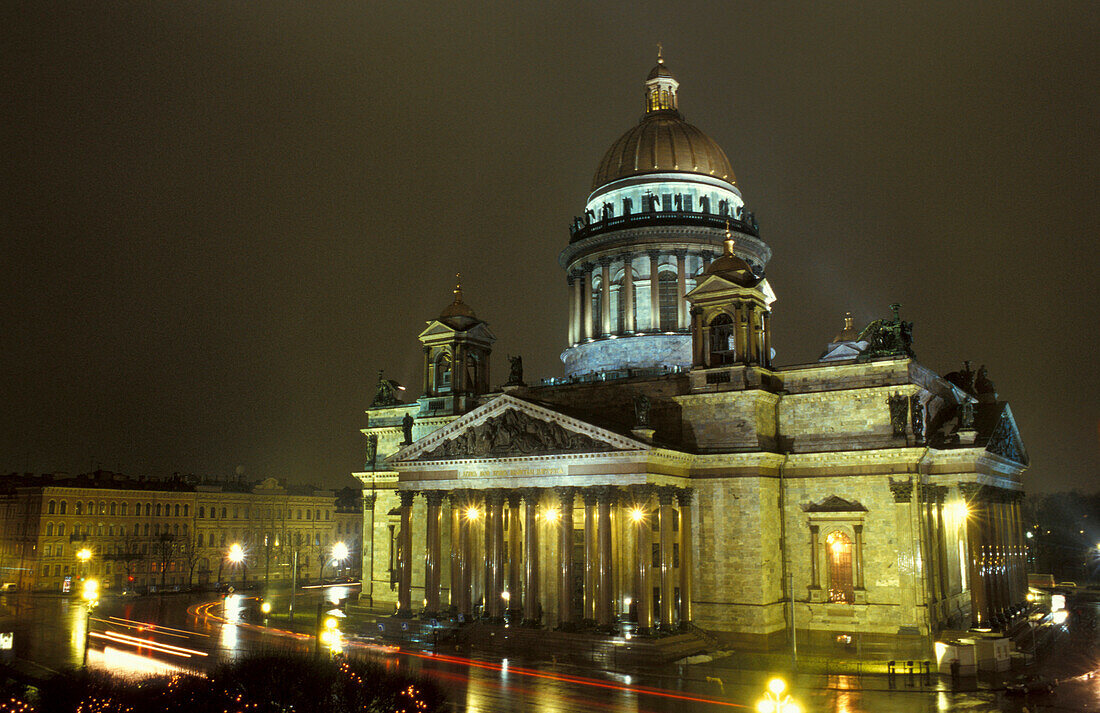 The illuminated Isaac Cathedral at night, St. Petersburg, Russia