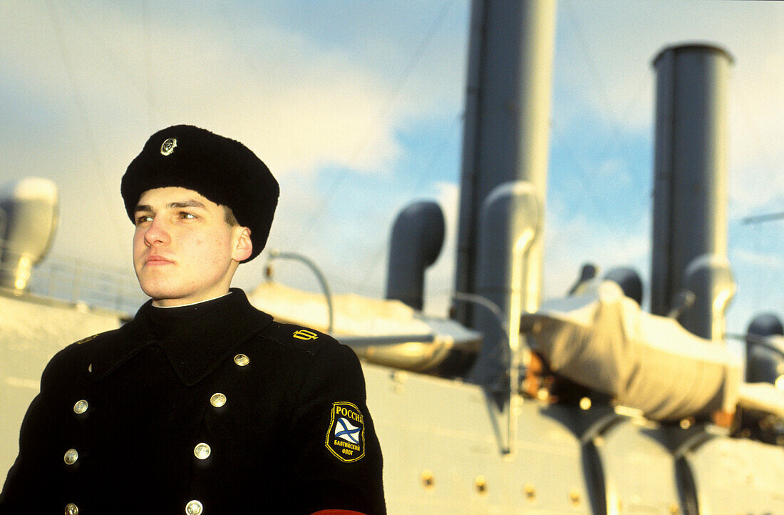 Sailor on board the Aurora Battleship, symbol of the Communist Revolution in 1917, St. Petersburg, Russia