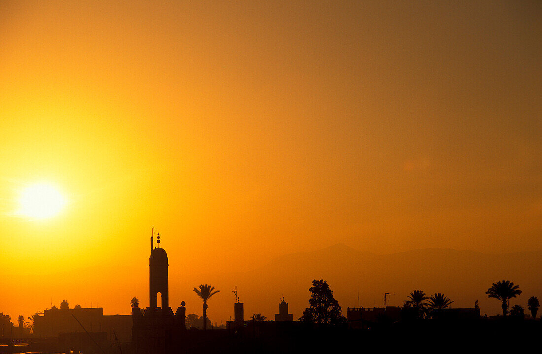 Jemaa El Fna at sunrise, Djemaa el Fna, square and market place in the Marrakesh medina quarter, Marrakesh Morocco