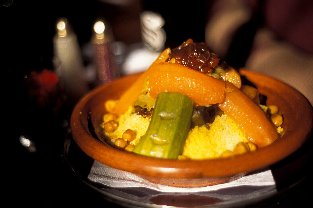 Couscous dish at Foundouk restaurant, Marrakesh, Morocco, Africa
