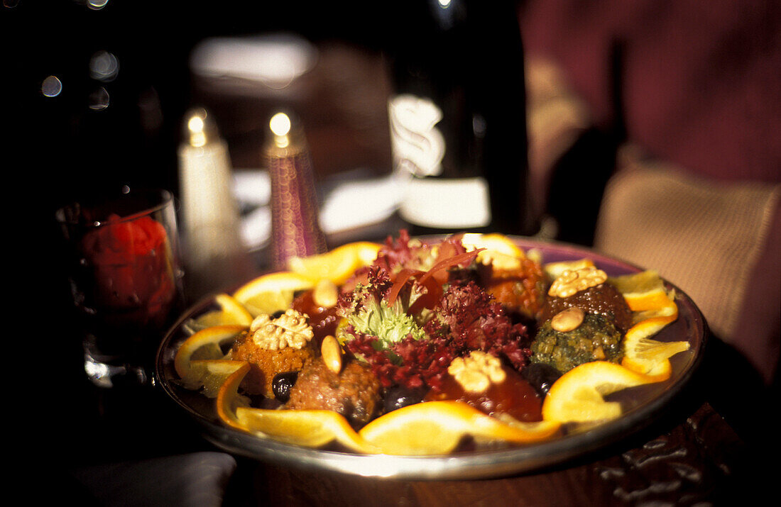 Dish at Foundouk restaurant, Marrakesh, Morocco, Africa