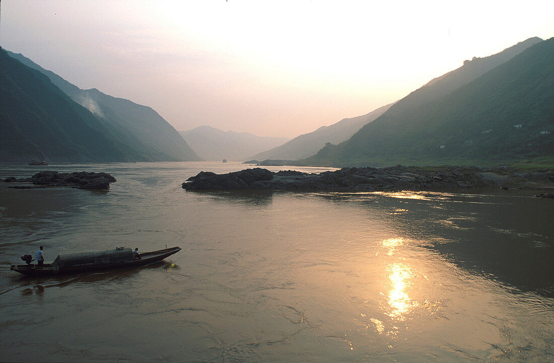 Fishing boats on the river in the evening light, Yangtsekiang, China