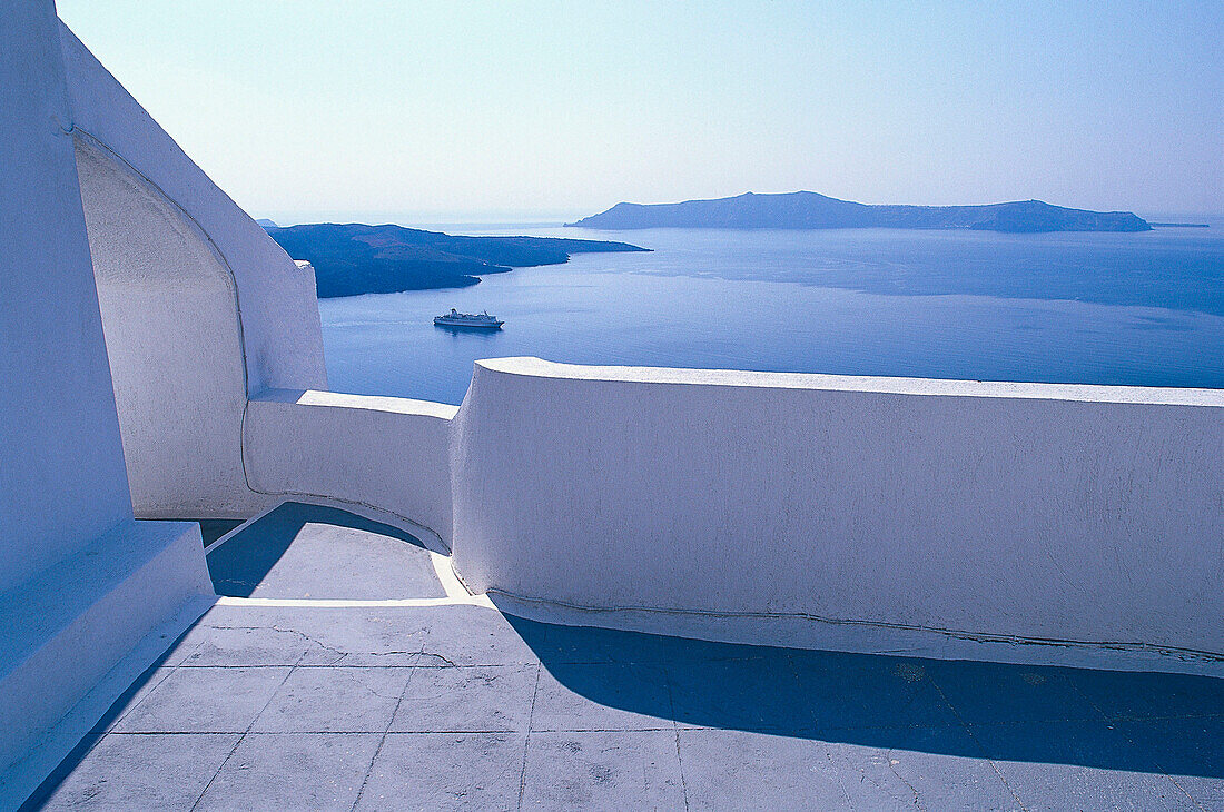 View at islands in the sunlight, Thira, Santorin, Greece, Europe