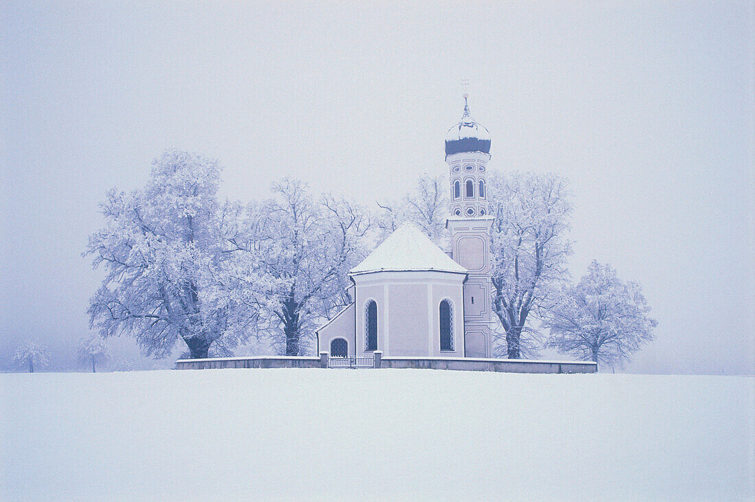 Chapel in snow, Etting, Weilheim, Bavaria, Germany