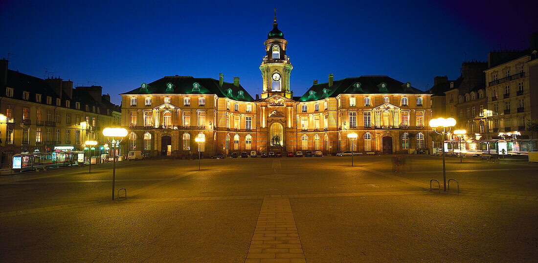 The illuminated town hall at night, Rennes, Brittany, France, Europe