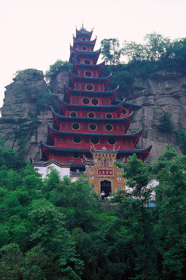 View at wooden pagoda, Shibaozai, Mount Yuyin, China, Asia