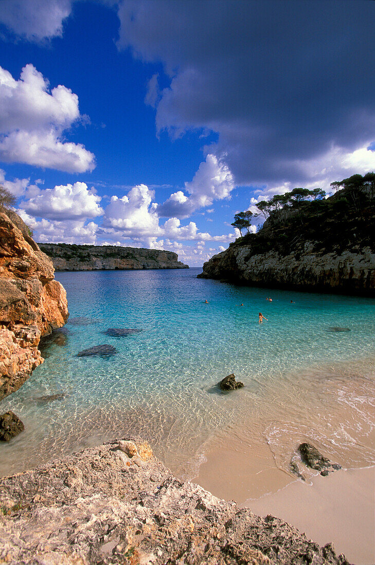 Coastal landscape and sandy beach, Cala s'Amonia, Majorca, Spain