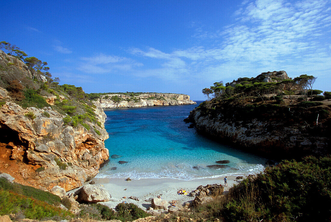 Blick auf eine kleine Bucht an der Cala s'Amonia, Mallorca, Spanien