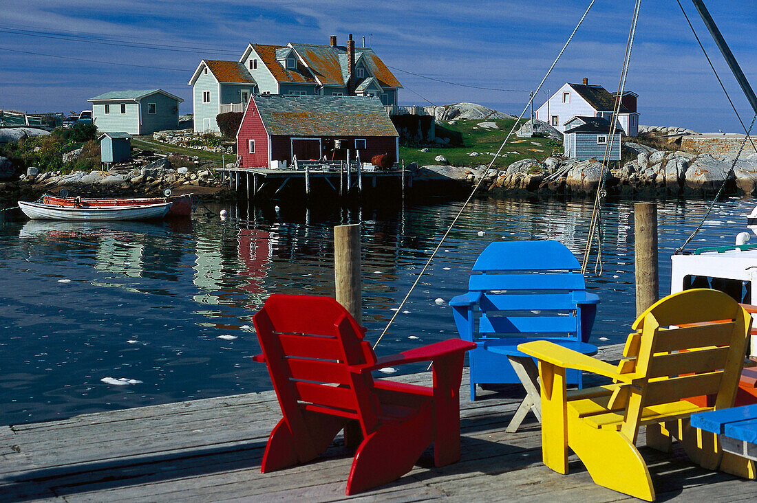 Coloured chairs at the pier, Peggys Cove, Nova Scotia Canada