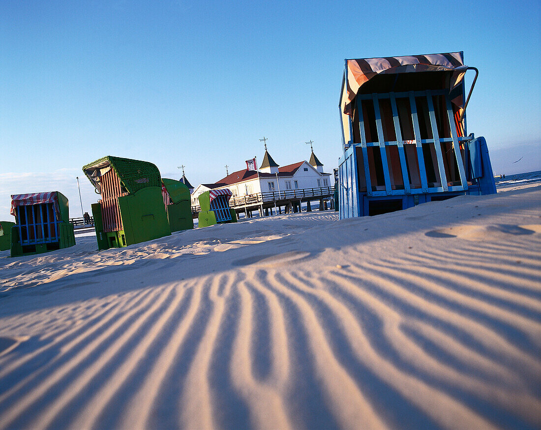 Beach chairs in front of Ahlbeck lido, Baltic Sea Lido of Ahlbeck, Island Usedom, Mecklenburg-Western Pomerania, Germany