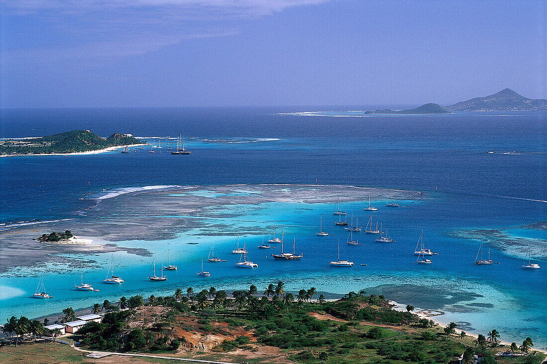 Luftaufnahme von Booten in einer Bucht vor Union Island, St. Vincent, Grenadinen, Karibik, Amerika