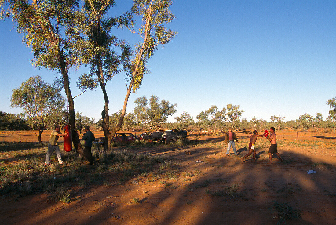 Denny and Mauler doing sparring, Queensland Fred Brophys Boxing Troupe, Boulia, Simpson Desert, Australia