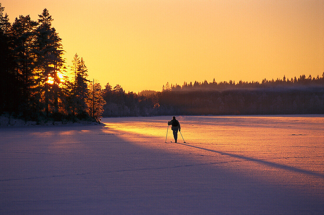 Skilangläufer auf zugefrorenem See, bei Kinna, Väster Götland, Schweden