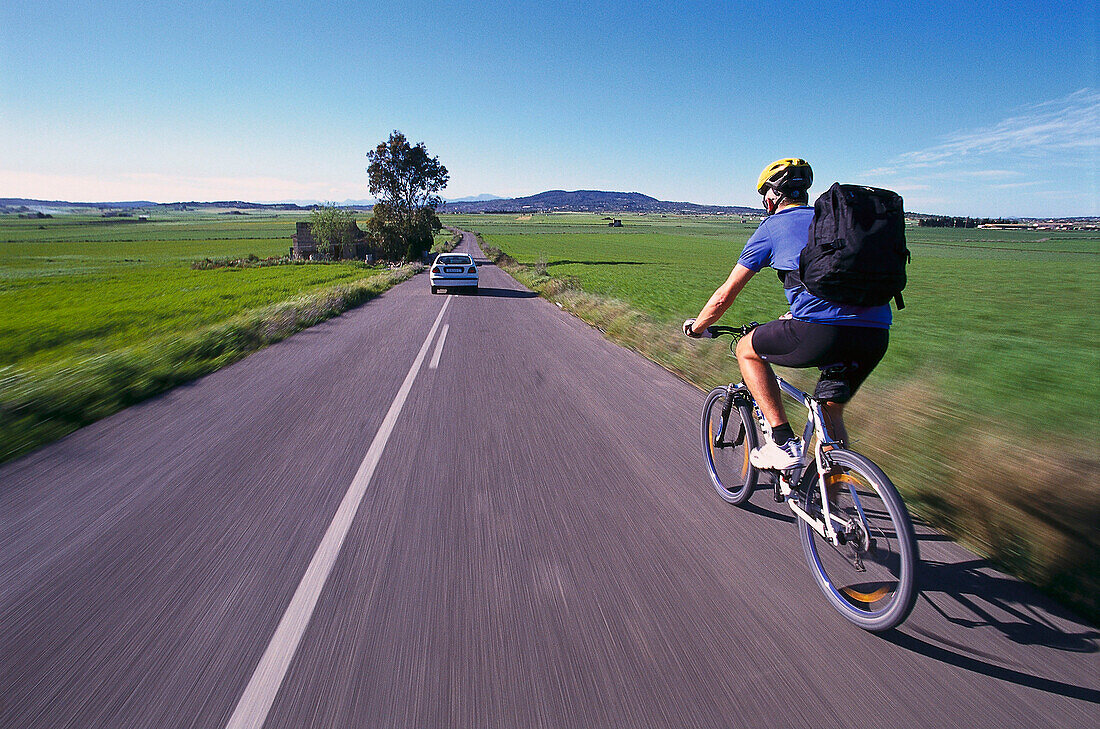 Man riding bicycle, rearview, road near Sineu, Majorca, Spain