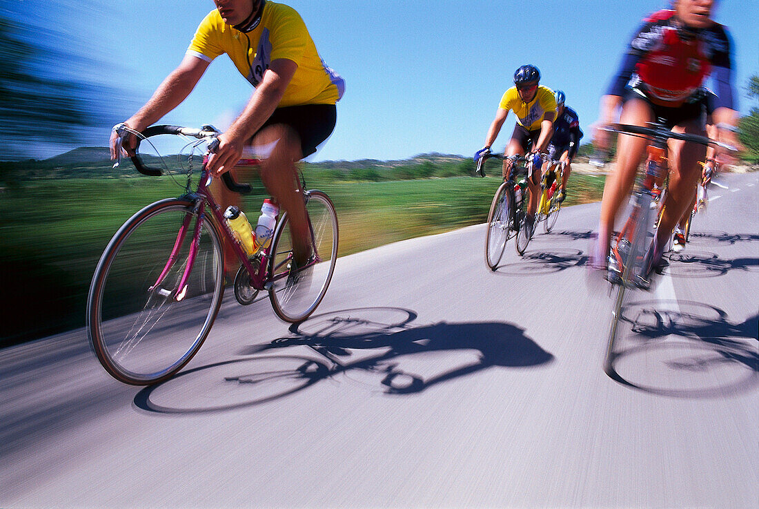 Men on racing bikes on a sunlit country road, Majorca, Spain, Europe