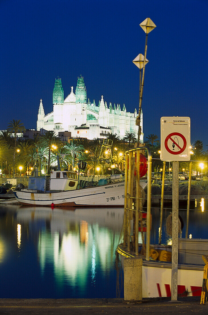 Fischerboote im Hafen, Kathedrale, Palma de M. Mallorca, Spanien