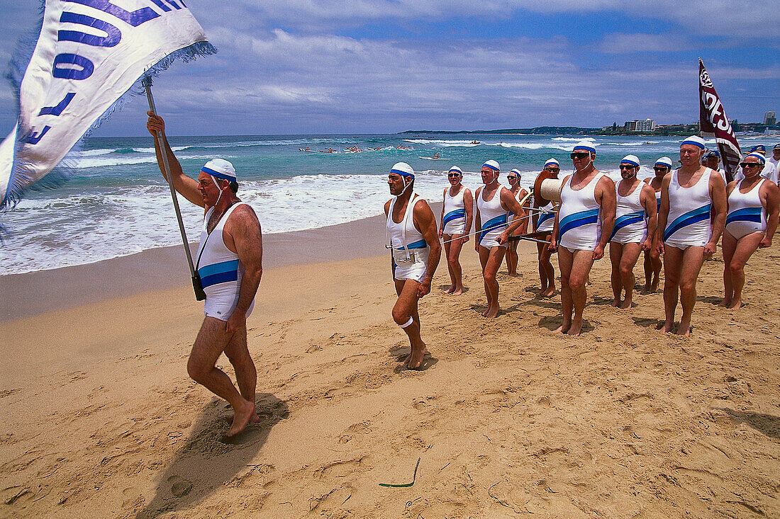 Surf Carnival, Senior Members Parade, Livesurfer Club Elouera, Cronulla Beach Sydney, NSW, Australien