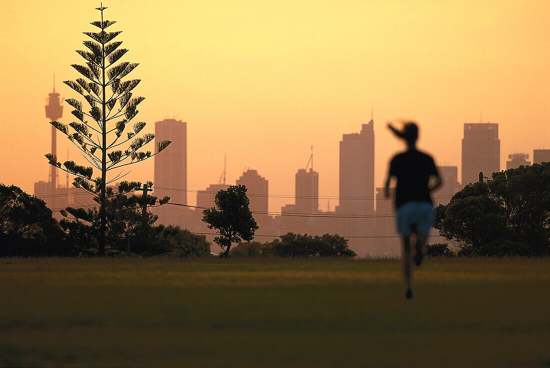 Jogger in einem Park bei Sonnenuntergang, Downtown, Sydney, New South Wales, Australien