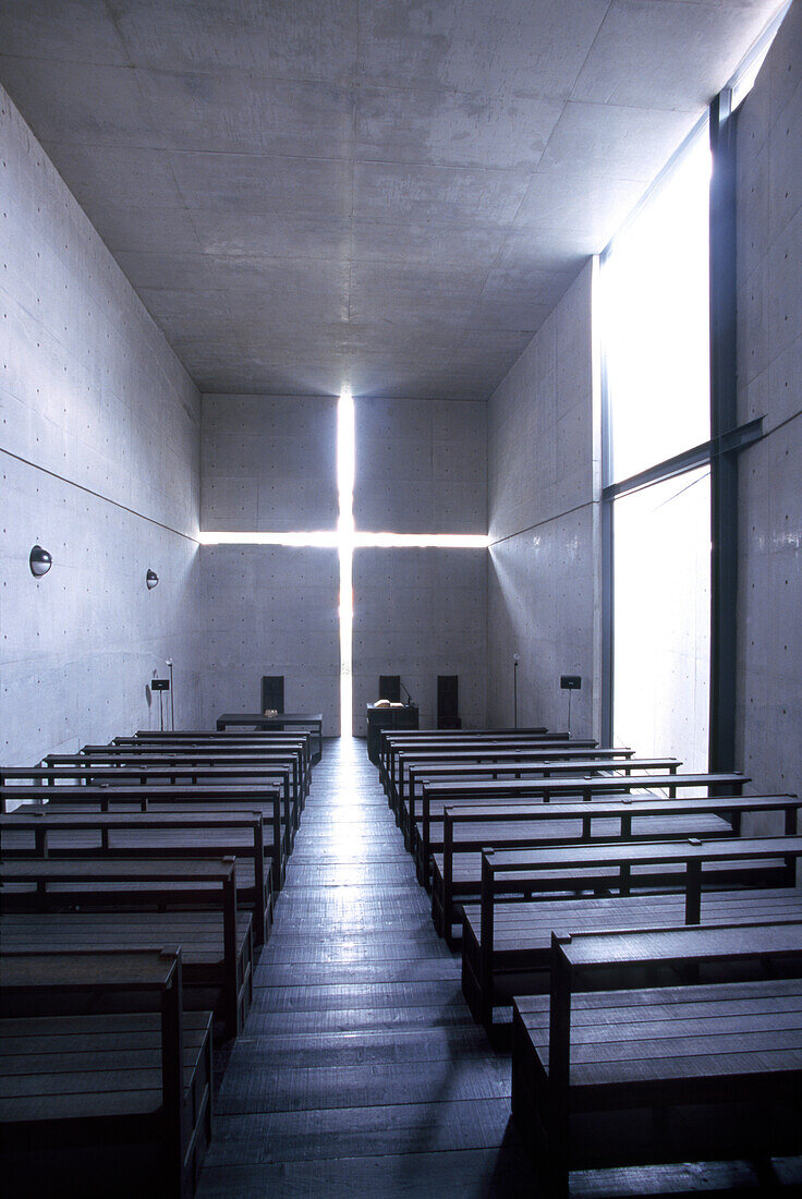 Interior view of a modern church, Church of the Light, Ibaraki City, Osaka, Japan