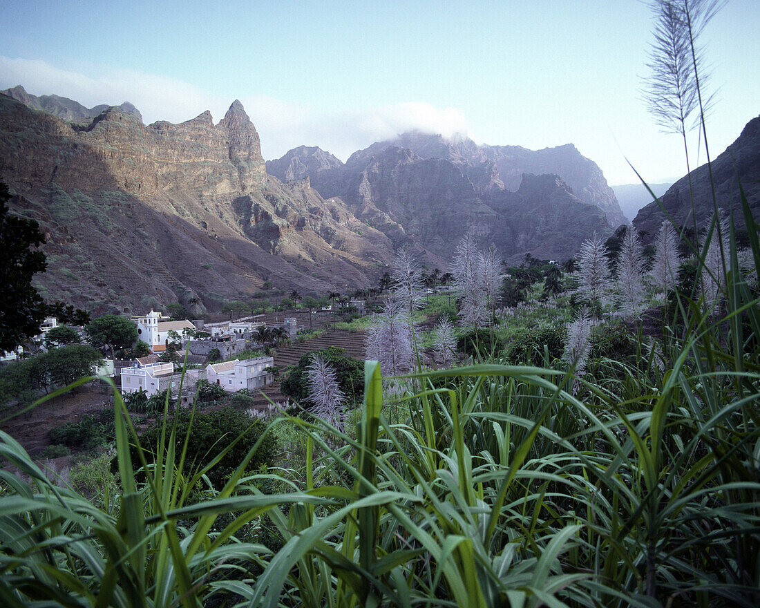 Mountain landscape with mountain village, Cha da Igreja, Santo Antao, Cape Verde