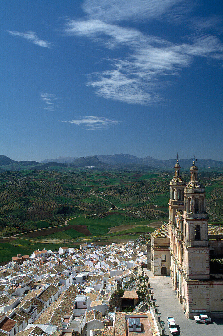 View from Castillo to Olvera, Pueblo Blanco, View to Sierra de Lijar, north of Ronda, Andalusia, Spain