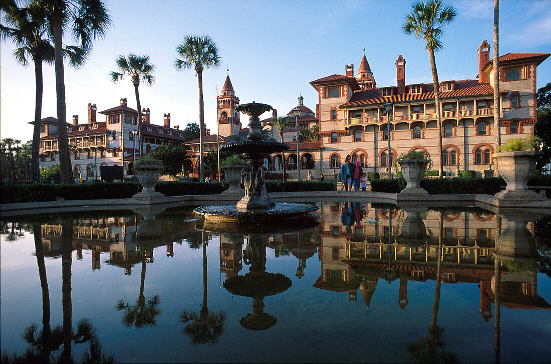 Reflection at the fountain in front of the Flagler College, St. Augustine Florida, USA, America