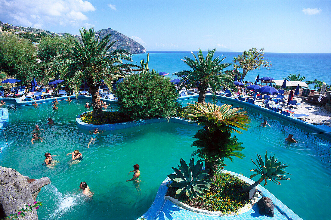 People at a pool under palm trees, Apollo, Aphrodite therm, Ischia, Campania, Italy, Europe