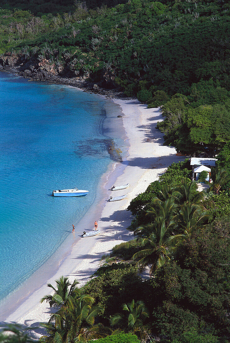 Menschen am Strand in einer sonnigen Bucht, White Bay, Jost van Dyke, Britische Jungferninseln, Karibik, Amerika