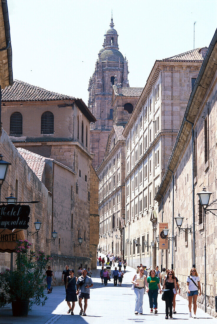 People strolling through the university district in the sunlight, Salamanca, Castilla, Spain, Europe