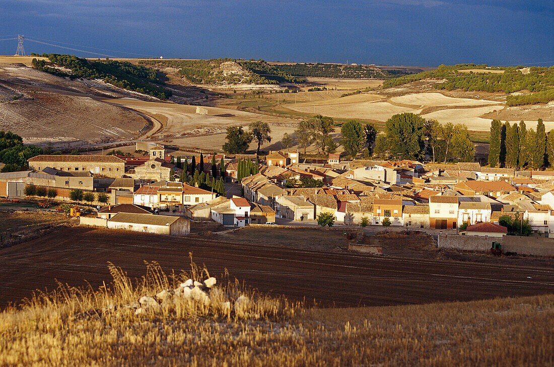 View to Wamba village, Tierra de Campos, Castilla, Spain