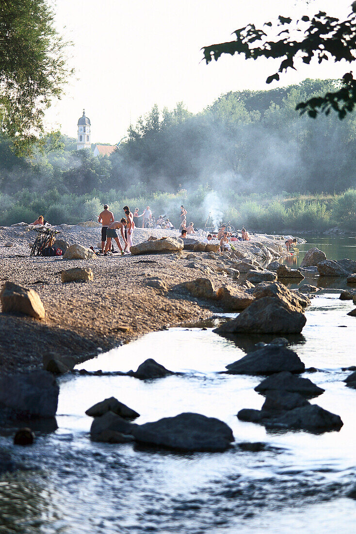 Isar at Flaucher, People grilling at Flaucher riverside, River Isar, Munich